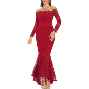 Women's Floral Lace Long Sleeve Off Shoulder Wedding Mermaid Dress Elegant Red